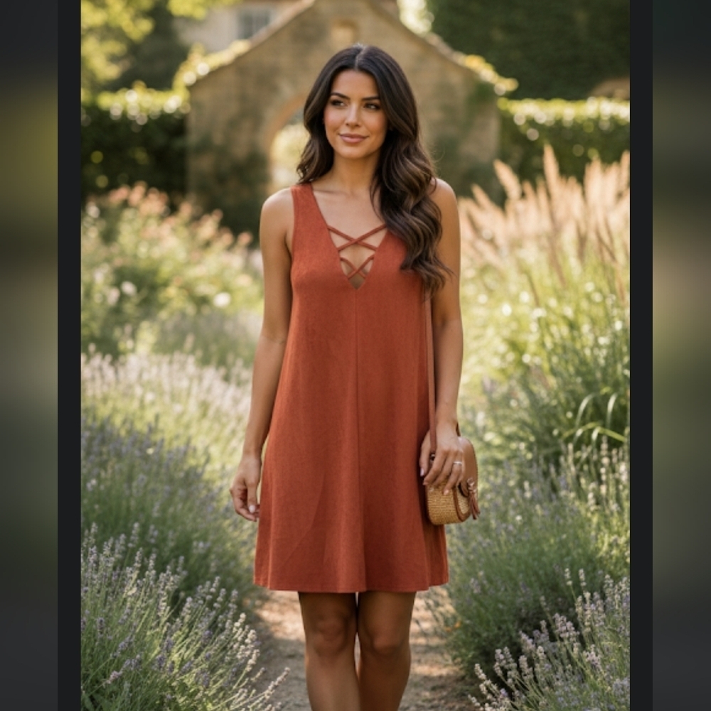 🌟NWT Mod Ref Ellie Velour Feel Burnt Orange Dress Criss Cross